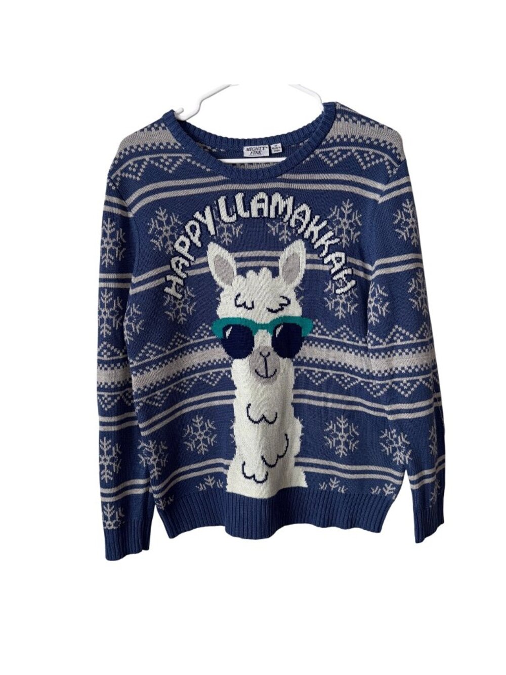 Mighty Fine Happy Llamakkah Snowflake Sweater XL Blue & White